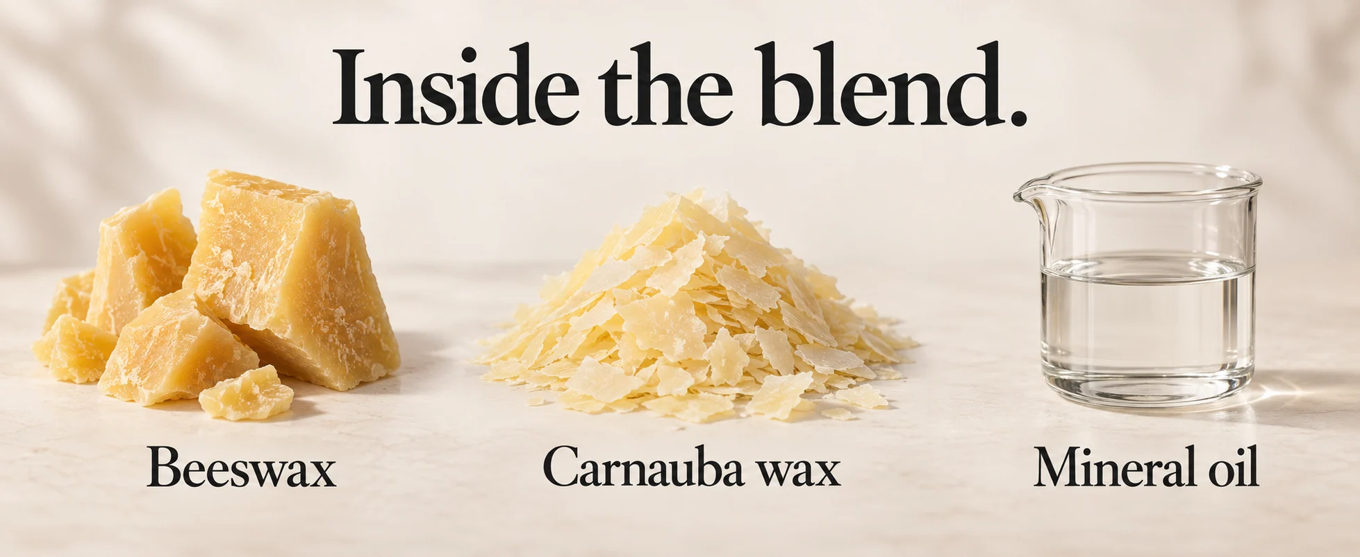 Inside the blend: beeswax, carnauba wax and mineral oil.