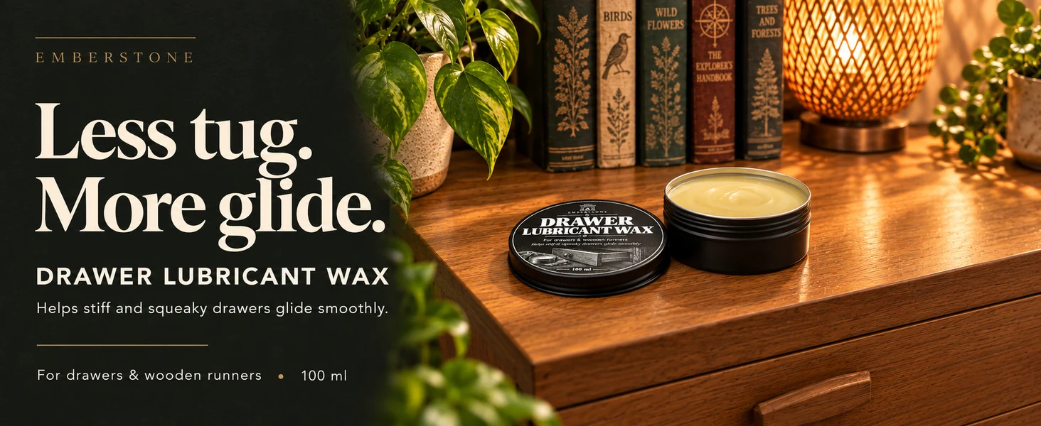 Emberstone Drawer Lubricant Wax, 100 ml, on a wooden chest.