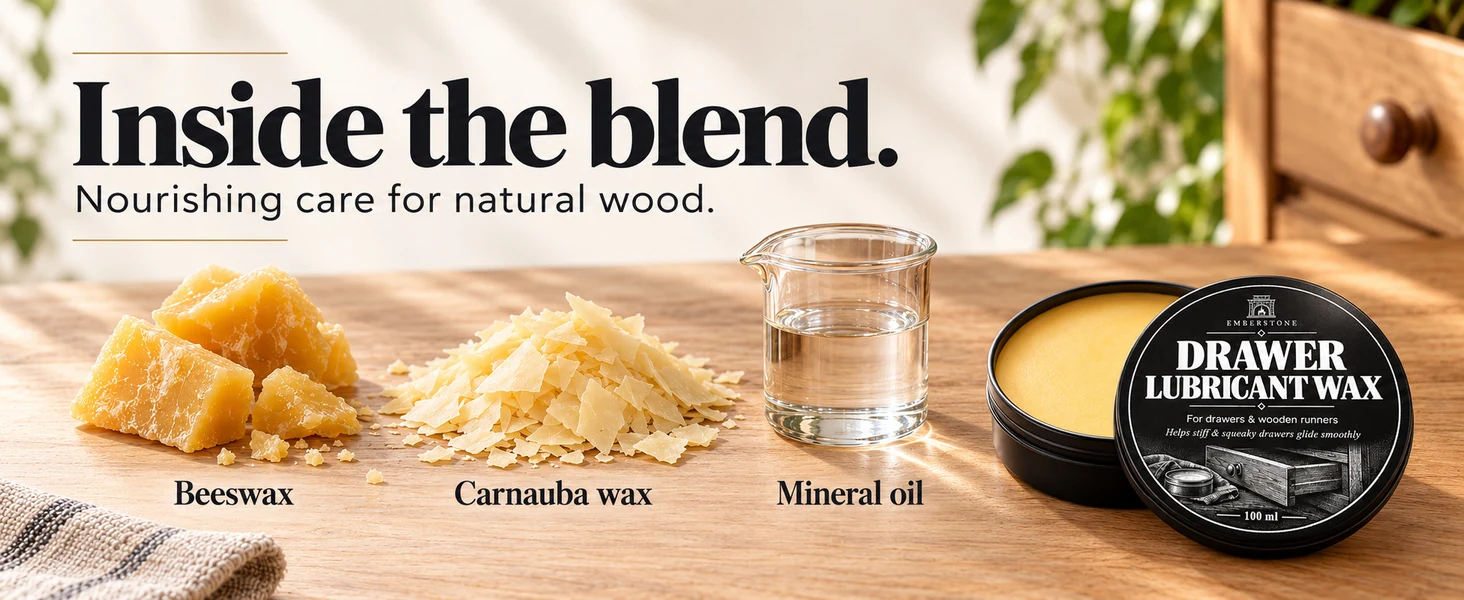 Beeswax chunks, carnauba wax flakes and clear mineral oil beside the 100 ml wax tin.