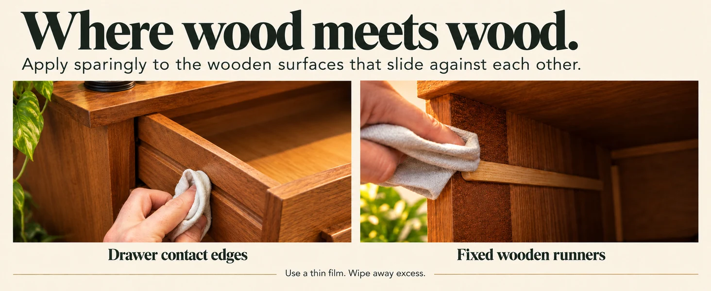 Cloth applying wax to a drawer contact edge and a fixed wooden runner.