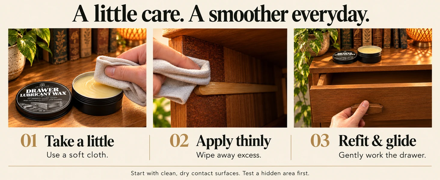 Three care steps: take a little wax, apply thinly, then refit and move the drawer.
