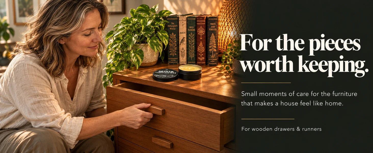 A woman gently moving a wooden drawer in a warmly lit room, with the wax tin on the chest.