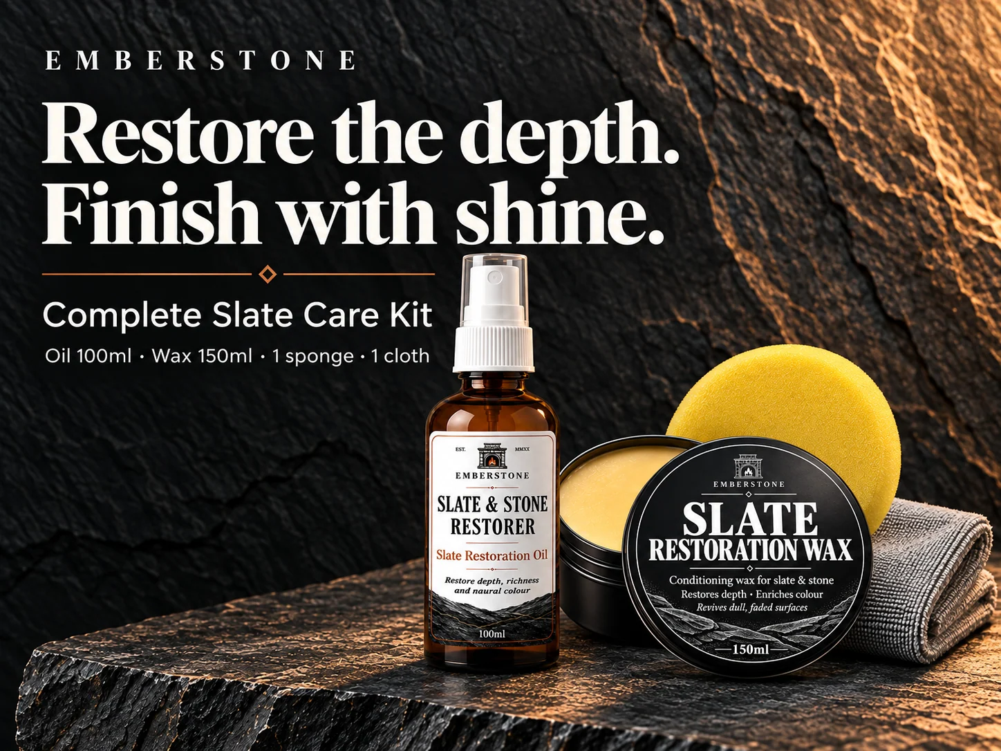Slate oil, slate wax, yellow application sponge and grey buffing cloth