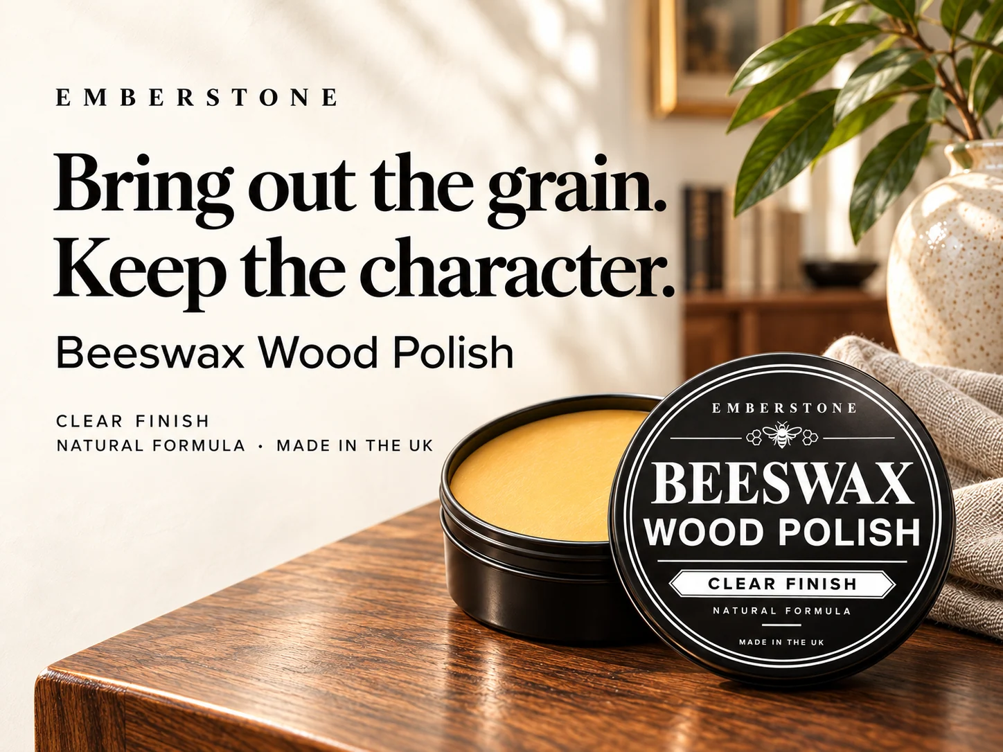 Emberstone Beeswax Wood Polish alongside richly grained wooden furniture
