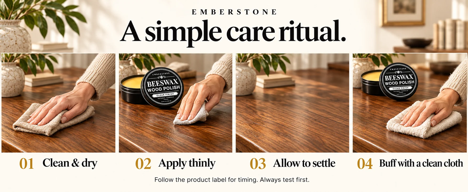 Clean, apply, let settle, and buff.